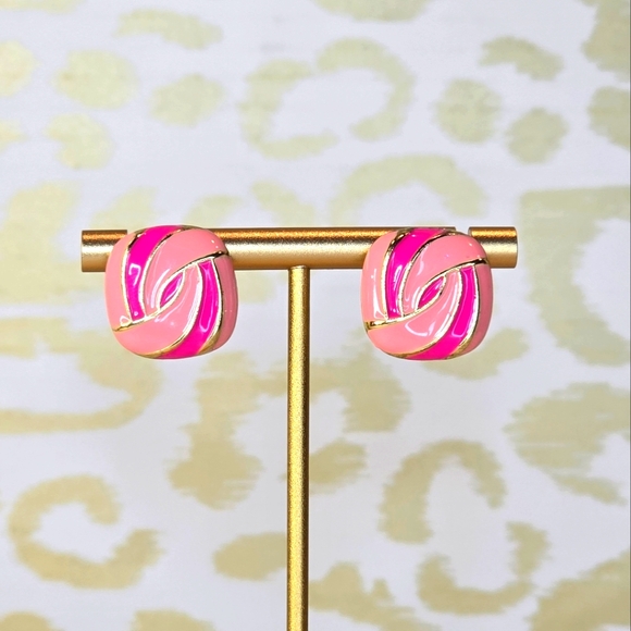 Two Tone Pink Enamel and Gold Plated Fashion Swirl Stud Earrings - Picture 3 of 5